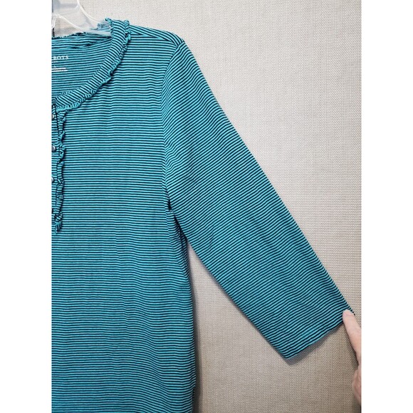 Talbots Cotton Green Striped Ruffle Neck 3/4 Sleeve Top Size Large - Picture 2 of 6